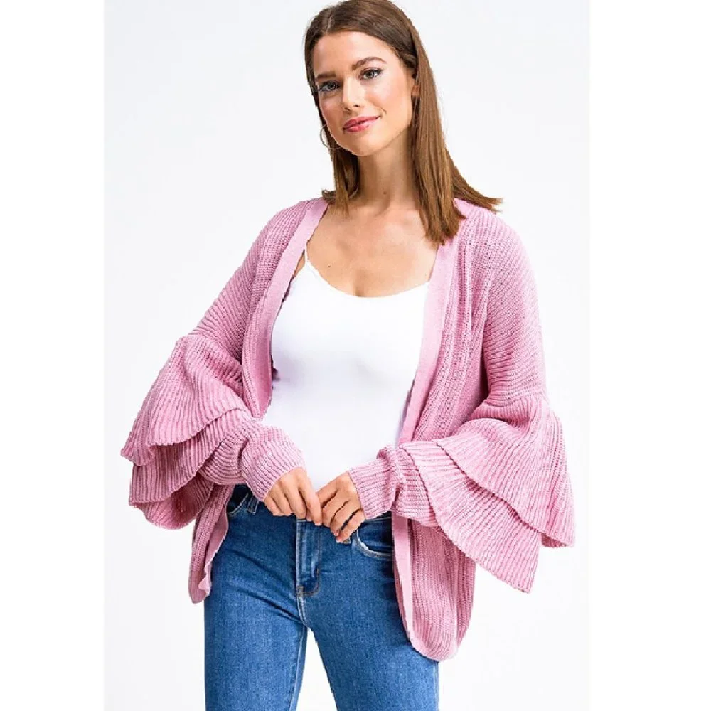 2FOR$30 - NWT Pink Knit Long Tiered Sleeve Cardigan, Large - Picture 1 of 5